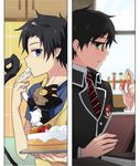  ao_no_exorcist black_hair blue_eyes blush brothers cake cat food glasses green_eyes hair_ornament hairclip kuro_(ao_no_exorcist) kurot male_focus multiple_boys okumura_rin okumura_yukio pointy_ears siblings strawberry_shortcake tail test_tube 