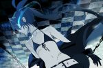  1girl absurdres bare_shoulders belt belt_buckle bikini bikini_top_only bikini_under_clothes black_bikini black_hair black_rock_shooter black_rock_shooter_(character) black_shorts blue_eyes blue_fire breasts buckle chain checkered_background choker collarbone fire flaming_eye front-tie_bikini_top front-tie_top glowing glowing_eye hair_between_eyes highres long_hair looking_afar looking_to_the_side navel no_shirt open_clothes pale_skin pepepp39 ponytail scar shorts sidelocks small_breasts solo stitches stomach swimsuit very_long_hair 