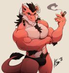 anthro arm_tuft biceps bottomwear bulge chest_tuft cigar clothed clothing dragon elbow_tuft fur furred_dragon hair hi_res horn lofnirv looking_at_viewer male muscular muscular_anthro muscular_male pecs red_body scalie simple_background smile solo tail topless tuft underwear