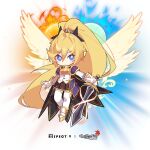  absurdres angel_wings armor blonde_hair blue_eyes boots chibi clear_(djmax) closed_mouth djmax eyes_visible_through_hair feathered_wings flying gloves hair_between_eyes hair_ornament high_ponytail highres holding holding_sword holding_weapon long_hair mamo_c maplestory moon non-web_source sun sword weapon wings yellow_wings 