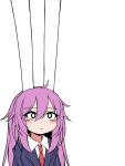  1girl ? animal_ears black_eyes black_jacket blazer blush bright_pupils closed_mouth collared_shirt commentary expressionless grey_background hair_between_eyes jacket long_bangs long_hair meme necktie purple_hair rabbit_ears rabbit_girl red_necktie reisen_udongein_inaba shirt siw0n solo symbol-only_commentary touhou twitter_rabbit_ears_(meme) upper_body very_long_ears white_pupils white_shirt 