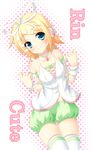  akarin_(sakuraakarin) blonde_hair blue_eyes bow hair_bow hair_ornament hair_ribbon hairclip highres kagamine_rin project_diva_(series) project_diva_2nd ribbon short_hair shorts smile solo thighhighs vocaloid 