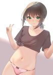  1girl black_bow blush bow bow_panties breasts brown_hair brown_shirt closed_mouth collarbone commentary_request cowboy_shot crop_top dutch_angle fubuki_(kancolle) green_eyes hair_between_eyes highres kantai_collection looking_at_viewer low_ponytail medium_hair midriff navel no_pants panties pink_panties sakieko shirt short_ponytail short_sleeves sidelocks simple_background skindentation small_breasts smile solo standing stomach t-shirt thighhighs underwear v 