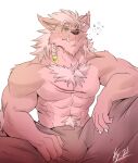 abs anthro biceps bottomwear bulge canid canine canis chest_tuft clothed clothing hair hi_res lofnirv looking_at_viewer male mammal muscular muscular_anthro muscular_male one_eye_closed pants pecs pubes scar simple_background solo teeth topless tuft were werecanid werecanine werewolf white_background