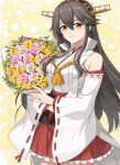  1girl absurdres bare_shoulders black_hair blush bouquet brown_eyes closed_mouth cowboy_shot detached_sleeves flower frilled_skirt frills hair_between_eyes hairband haruna_(kancolle) headgear highres holding holding_bouquet japanese_clothes kanmiya_shinobu kantai_collection long_hair looking_at_viewer nontraditional_miko pink_flower pleated_skirt red_skirt ribbon-trimmed_sleeves ribbon_trim skirt smile solo white_flower white_sleeves wide_sleeves yellow_flower 