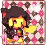  argyle_background clothed_pokemon gen_1_pokemon heart hood jacket kuo no_humans pikachu pokemon pokemon_(creature) 