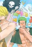  blonde_hair bone brook_(one_piece) colored_skin food green_eyes green_hair highres ice_cream male_focus mature_male multiple_boys muscular muscular_male one_piece roronoa_zoro sanji_(one_piece) scar short_hair sweetdou3 tan tongue topless topless_male white_skin 