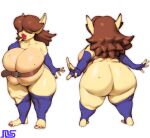 absurd_res big_breasts big_butt breasts brown_hair butt clothed clothing female goblin hair hi_res huge_breasts huge_butt humanoid lips namespace not_furry rear_view short_stack simple_background skimpy solo thick_lips thick_thighs