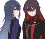  2girls amakuma black_jacket black_necktie black_vest blue_eyes brown_hair closed_mouth collared_shirt commentary_request grey_hair hair_between_eyes hair_over_one_eye highres honkai_(series) honkai_impact_3rd jacket long_hair looking_at_viewer multicolored_hair multiple_girls necktie open_clothes open_jacket parted_lips purple_shirt red_eyes red_hair red_shirt seele_vollerei shirt simple_background tie_clip two-tone_hair upper_body very_long_hair vest white_background 