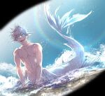  1boy beach blue_background blue_eyes chinese_commentary completely_nude dated fangs fingernails fins full_body gills glasgow_smile gojou_satoru head_fins highres jujutsu_kaisen looking_at_viewer male_focus merman monster_boy monsterification nipples nude open_mouth outdoors pov sand sashiyu sharp_fingernails short_hair signature solo water waves white_hair 