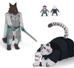 4_toes 5_fingers absurd_res anthro armor axel_(remember_the_flowers) bandanna bandanna_on_neck black_sclera brown_body brown_fur bulge canid canine canis chubby_male clothed clothing cyrus_(remember_the_flowers) duo eye_scar eyes_closed facial_scar fangs feet felid feline fingers fur group hi_res human humanoid humor kerchief knight laser_pointer laugh long_tail lyall_(lyre) lyre_(visual_novel) male male/male mammal melee_weapon multicolored_body multicolored_fur nebulaburr_(artist) open_mouth overweight overweight_anthro pantherine pink_nose remember_the_flowers richter_(lyre) scar simple_background stripes sword tail teeth toes warrior weapon white_body white_fur wolf