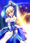  ahoge artoria_pendragon_(all) blonde_hair breasts cleavage dress excalibur fate/stay_night fate_(series) glowing glowing_sword glowing_weapon green_eyes hair_ribbon medium_breasts ribbon saber shinohara_yuuji solo sword torn_clothes weapon 