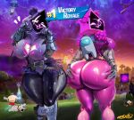 absurd_res anthro bear big_breasts big_butt bodily_fluids breasts butt butt_grab clothing duo epic_games female fortnite front_view hand_on_butt hi_res huge_breasts huge_butt human mammal raven_team_leader rear_view smug sweat sweaty_butt thick_thighs tight_clothing tudduls wide_hips