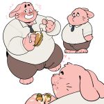 2023 anthro belly big_belly blush bottomwear bulge cartoon_network clothing eating eyes_closed food hi_res kemono lagomorph leporid male mammal necktie overweight overweight_male pants pink_body pink_nose quanjiang rabbit richard_watterson sandwich_(food) shirt simple_background solo the_amazing_world_of_gumball topwear white_background