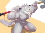 absurd_res anthro bodily_fluids canid canine canis dripping genital_fluids genitals hi_res humanoid_genitalia humanoid_penis kawaakumma kneeling law_(sdorica) looking_at_viewer male mammal muscular muscular_male penis precum precum_drip sdorica solo vein veiny_penis wolf