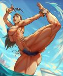  1girl abs bikini blue_sky bracelet breasts brown_eyes brown_hair chun-li earrings highres jewelry kicking large_breasts long_hair looking_to_the_side muscular muscular_female ocean ponytail ship sky solo street_fighter street_fighter_6 swimsuit thick_thighs thighs toned underboob watercraft xevious_art 