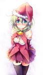  amano_chiharu aqua_eyes bell black_legwear blush bow breasts cleavage elbow_gloves frills front_ponytail gloves green_hair hair_bow hair_ornament hat jingle_bell kagiyama_hina long_hair looking_at_viewer medium_breasts red_gloves santa_costume santa_hat smile solo thighhighs touhou 