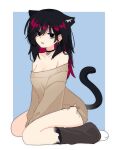  1girl animal_ear_fluff animal_ears bare_shoulders black_hair black_tail breasts cat_girl cat_tail cleavage collar collarbone earrings facing_viewer hair_between_eyes highres jewelry leg_warmers legs long_hair long_sleeves looking_at_viewer nyaivie open_mouth original red_hair shirt simple_background single_earring solo tabi tail thighs underwear white_background 