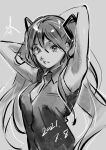  1girl adochansukisuki armpits arms_up breasts cleavage commentary dated greyscale hair_between_eyes hatsune_miku highres long_hair looking_at_viewer making-of_available monochrome parted_lips simple_background solo twintails vocaloid 