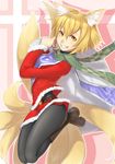  animal_ears belt black_legwear blonde_hair boots fox_ears fox_tail grin jumping md5_mismatch mossari_poteto multiple_tails pantyhose sack santa_costume scarf short_hair skirt smile solo tail touhou yakumo_ran yellow_eyes 