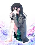  bare_feet barefoot black_hair blue_eyes cup higurashi_kagome inuyasha mug school_uniform serafuku sweater 