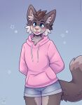 2023 anthro biped blep blue_eyes blush boy_shorts brown_body brown_ears brown_fur brown_hair brown_tail chest_tuft clothing cute_fangs dipstick_tail fleurfurr fur girly grey_body grey_fur grey_tail hair hi_res hoodie inner_ear_fluff looking_at_viewer male markings monotone_ears monotone_hair multi_tone_fur multi_tone_tail pink_clothing pink_hoodie pink_nose pink_topwear simple_background solo tail tail_markings tongue tongue_out topwear tuft underwear