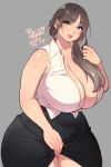  2023 agawa_ryou artist_name black_skirt blush breasts brown_hair cleavage closed_mouth clothes_lift collarbone collared_shirt commentary curvy dated english_commentary grey_background grey_eyes hair_over_shoulder huge_breasts lips long_hair looking_at_viewer numbered original plump shirt signature simple_background skirt skirt_lift sleeveless sleeveless_shirt thick_thighs thighs white_shirt wide_hips 