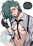  1girl breasts ear_piercing gloves green_hair highres long_hair long_sleeves looking_at_viewer navel_piercing nipple_piercing open_clothes open_mouth open_shirt piercing poke_ball pokemon porqueloin red_eyes rika_(pokemon) simple_background small_breasts smile solo 
