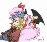  alice_margatroid bat_wings blonde_hair blue_dress blue_eyes capelet closed_eyes cup dress fang forehead_kiss hairband hat hat_ribbon kiss multiple_girls open_mouth pink_dress remilia_scarlet ribbon short_hair smile teacup touhou wings wrist_cuffs yuuta_(monochrome) 