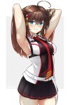  1girl ahoge armpits arms_behind_head arthur_ko black_skirt blue_eyes blush breasts brown_hair chest_harness closed_mouth cowboy_shot harness highres kantai_collection long_hair medium_breasts necktie pleated_skirt red_necktie shigure_(kancolle) shigure_kai_san_(kancolle) sideboob skirt smile solo 