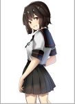  1girl black_hair black_sailor_collar black_skirt brown_eyes grin himura_moritaka kantai_collection looking_at_viewer looking_back miyuki_(kancolle) miyuki_kai_ni_(kancolle) pleated_skirt sailor_collar sailor_shirt school_uniform serafuku shirt short_hair simple_background skirt smile solo wavy_hair white_background white_shirt 