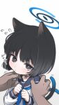  1girl 1other animal_ears black_eyes black_hair black_sailor_collar blue_archive blue_halo blue_neckerchief blush cat_ears cat_tail closed_mouth halo highres kikyou_(blue_archive) long_sleeves multiple_tails neckerchief pekenpon sailor_collar school_uniform serafuku short_hair simple_background solo_focus tail two_tails white_background 