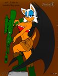  animal_ears anthro aval0nx bat big_breasts blue_eyes boots breasts darksonic250 english_text female hair looking_at_viewer mammal rouge_the_bat sega sonic_(series) tail text weapon white_hair wings 