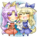  animal_ears bad_id bad_pixiv_id blonde_hair blue_dress bow closed_eyes dog_ears dog_tail dress fang hair_bow hat kemonomimi_mode long_hair multiple_girls open_mouth ponytail purple_eyes purple_hair rebecca_(keinelove) ribbon sun_hat tail touhou watatsuki_no_toyohime watatsuki_no_yorihime 