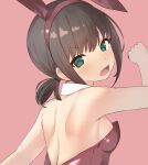  1girl :o animal_ear_headwear animal_ears arm_up back bare_arms bare_shoulders blush breasts brown_hair clenched_hand commentary_request detached_collar fake_animal_ears from_behind fubuki_(kancolle) green_eyes hair_between_eyes hair_tie hairband kantai_collection leotard looking_at_viewer looking_back low_ponytail nontraditional_playboy_bunny open_mouth playboy_bunny rabbit_ears red_background red_hairband red_leotard sakieko short_ponytail sideboob sidelocks simple_background small_breasts solo strapless strapless_leotard upper_body 