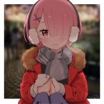  1girl blue_coat blurry blurry_background blush border breath coat commentary_request earmuffs fur_trim gloves grey_scarf hair_ornament hair_over_one_eye holding_hands looking_at_viewer outside_border pink_eyes pink_hair pov ram_(re:zero) re:zero_kara_hajimeru_isekai_seikatsu red_coat scarf short_hair smile tamago_(uhdr2338) watermark white_border white_gloves x_hair_ornament 