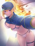  1girl ahoge artoria_pendragon_(fate) baseball_cap bikini blonde_hair blue_eyes blue_headwear blue_jacket breasts cleavage cropped_jacket explosion fate/grand_order fate_(series) hair_between_eyes hair_through_headwear hat highres jacket large_breasts long_hair long_sleeves looking_at_viewer minami_koyogi mysterious_heroine_xx_(fate) navel ponytail shrug_(clothing) sidelocks smile solo swimsuit thighs white_bikini 