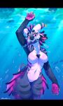 absurd_res anthro aquatic_dragon breasts bubble bubbles_from_nose dragon dragon_aquatic dragon_water featureless_breasts feet female fish hi_res lily_pad marine membrane_(anatomy) moondocool nepthys_(moondocool) pink plant solo swimming swimming_underwater toes underwater water webbed_feet webbed_hands webbed_legs
