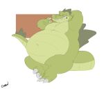 anthro belly big_belly canson claws crocodile crocodilian crocodylid crossed_legs feet hand_behind_head hi_res leaning leaning_back lying male narrowed_eyes on_back overweight overweight_anthro overweight_male relaxing reptile scalie simple_background solo squint tail teeth