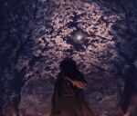  1boy black_hair cherry_blossoms commentary_request from_behind full_moon highres klenschheim long_hair male_focus moon naruto_(series) naruto_shippuuden night outdoors uchiha_madara 