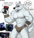 abs anthro canid canine canis cellphone clothed clothing death_(puss_in_boots) dreamworks electronics english_text fur hi_res holding_cellphone holding_object holding_phone holding_smartphone male mammal muscular muscular_anthro muscular_male navel pecs phone puss_in_boots_(dreamworks) ruffusbleu simple_background smartphone solo speech_bubble tail teeth text topless topless_anthro topless_male twitter wolf