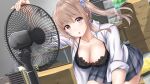  1girl :o amazon_(company) black_bra blush box bra breasts brown_hair cardboard_box cleavage collarbone dress_shirt electric_fan floating_hair furrowed_brow grey_skirt hazuki_gyokuto highres indoors lace lace_bra large_breasts leaning_forward looking_at_viewer open_clothes open_shirt original parted_lips plaid plaid_skirt pleated_skirt ponytail purple_eyes ribbon router scrunchie shirt side_ponytail sidelocks skirt sleeves_rolled_up solo sweat table underwear white_shirt wind 