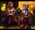  arai_togami blonde_hair bow breasts chain cuffs fire fujiwara_no_mokou full_moon hair_bow hands_on_hips highres horn hoshiguma_yuugi long_hair medium_breasts moon multiple_girls one_eye_closed pants red_eyes ribbon skirt smile suspenders touhou very_long_hair white_hair 