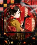  1girl acryl_(acryl_illust) black_gloves brown_hair chiori_(genshin_impact) closed_mouth genshin_impact gloves hair_ornament highres holding japanese_clothes kimono leaf long_sleeves looking_at_viewer maple_leaf red_eyes smoke solo twitter_username upper_body wide_sleeves 