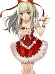 :o blue_eyes blush bow breasts cake christmas cleavage collarbone dragon_maker food fork green_hair hair_bow hat heart kneehighs long_hair looking_at_viewer matsui_hiroaki open_mouth santa_costume santa_hat simple_background small_breasts solo white_background 