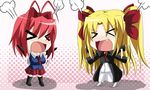  &gt;_&lt; apricot2000 blonde_hair chibi closed_eyes copyright_request elbow_gloves gloves long_hair multiple_girls red_hair short_hair thighhighs twintails 