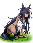  1girl amane_sou animal_ears black_hair blue_neckerchief breasts claw_pose clothing_cutout commentary_request dark-skinned_female dark_skin ear_scrunchie fold-over_boots hair_between_eyes hair_ornament hairclip hand_on_ground heart highres hishi_amazon_(umamusume) horse_ears horse_girl horse_tail long_hair medium_breasts neckerchief red_eyes red_scrunchie sailor_collar scrunchie shirt short_sleeves shoulder_cutout simple_background solo spoken_heart squatting tail thigh_strap umamusume very_long_hair white_background white_shirt 