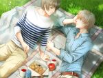  2boys apple belt belt_buckle blonde_hair brown_hair buckle cecil_coward cup disposable_cup flower food fruit game_cg grass green_eyes looking_at_another male_focus michael_levi mug multiple_boys natsumi_kai non-web_source outdoors pants picnic plaid plaid_shirt shingakkou shirt short_hair striped striped_shirt white_flower 