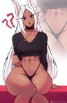  1girl :o ? ?? abs absurdres animal_ears bare_legs black_choker black_nails black_panties black_sweater boku_no_hero_academia breasts choker cleavage cropped_sweater curvy dark-skinned_female dark_skin feet_out_of_frame fraankyy head_tilt highleg highleg_panties highres large_breasts long_eyelashes long_hair looking_at_viewer mirko nail_polish navel open_mouth panties parted_bangs patreon_username rabbit_ears rabbit_girl red_background red_eyes sitting solo stomach sweater thick_thighs thighs toned underwear v-neck very_long_hair white_hair zoom_layer 