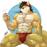 abs anthro asian_clothing biceps black_hair bulge canid canine chest_tuft clothed clothing east_asian_clothing fingers fox front_view fully_clothed fundoshi fur hair hi_res japanese_clothing lofnirv looking_at_viewer male mammal muscular muscular_anthro muscular_male pecs pubes red_eyes scar simple_background solo tail topless tuft underwear white_background yellow_body zale_gallagher